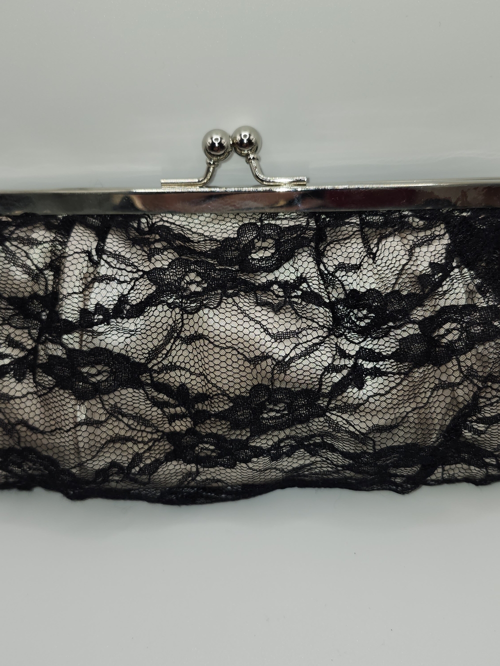 Small Evening Bag/Champagne Satin Under Black Lace/ Strap Or Clutch
